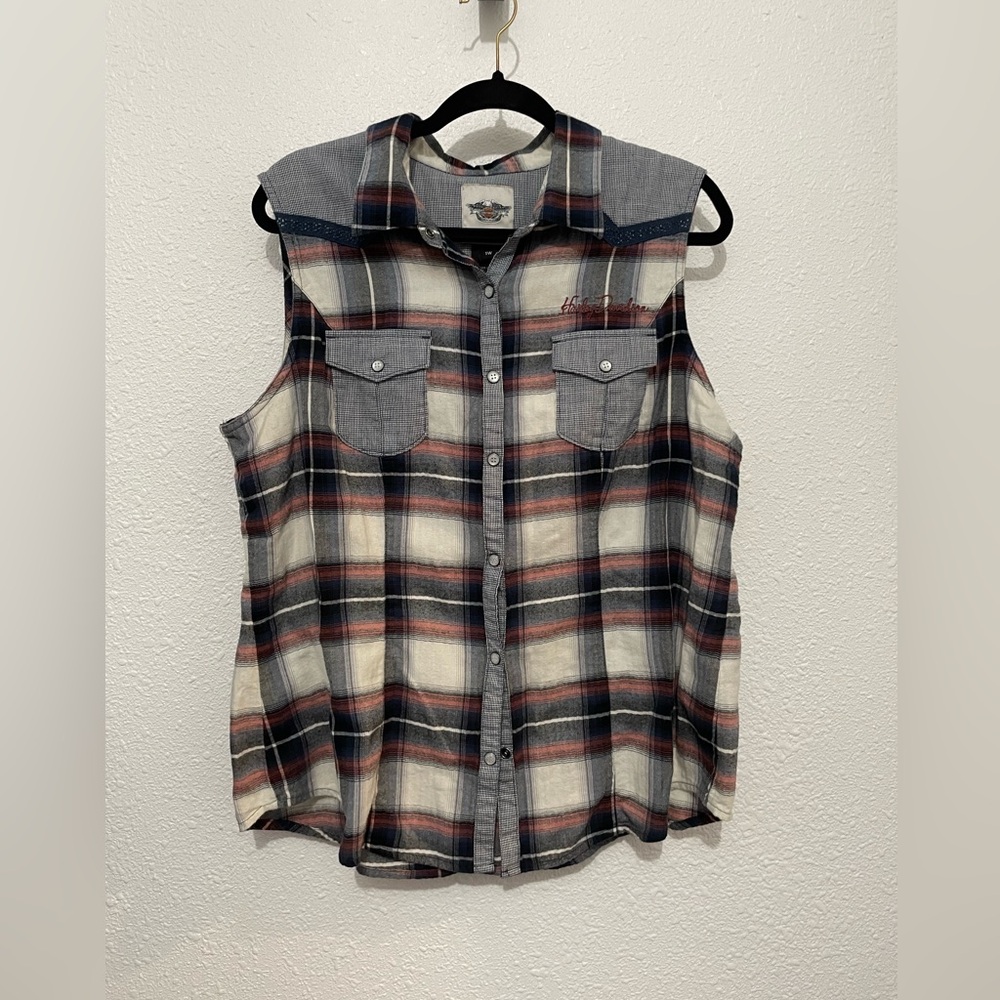 Harley Davidson Shirt Women’s Sleeveless Plaid Button Up - Embroidered - 1W